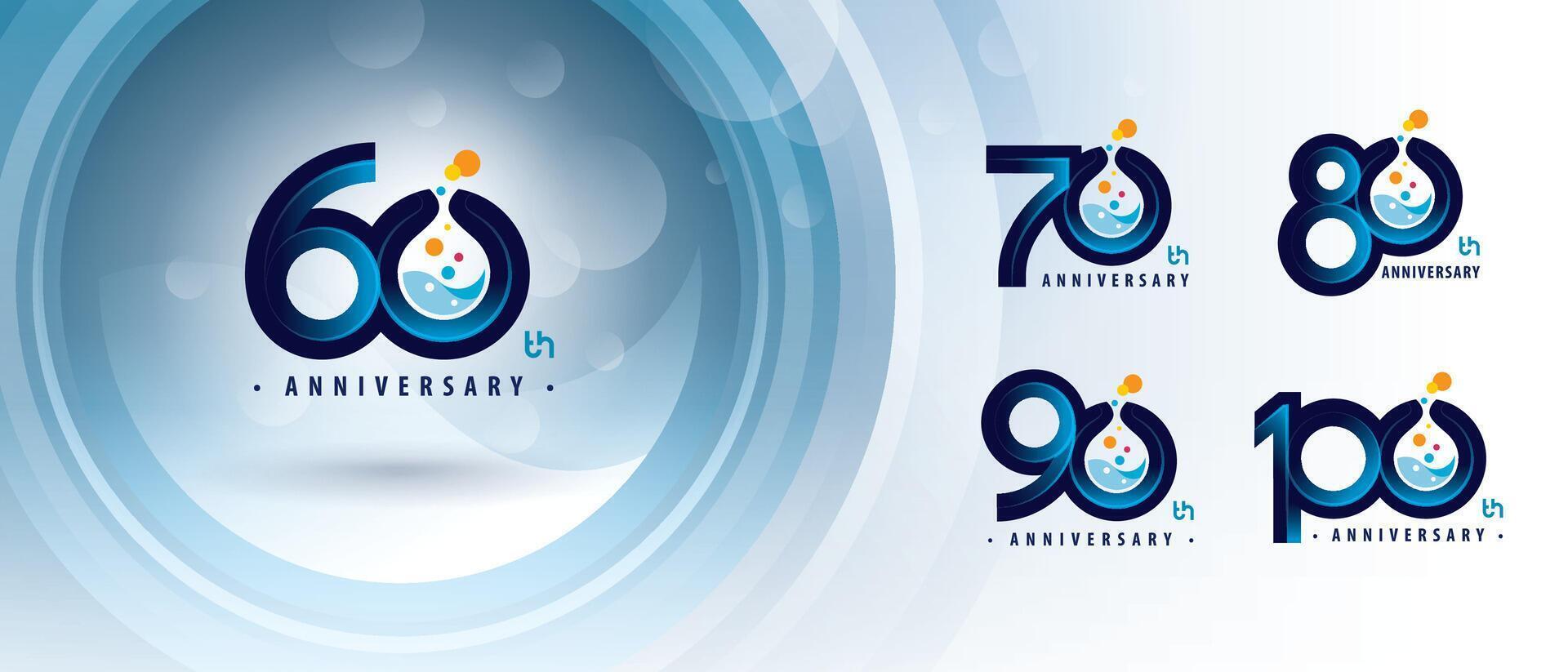60, 70, 80, 90, 100 year Anniversary logotype design, Sixty to Hundred years Logo for Celebration, Chemical Test tube Molecule structure particle vector