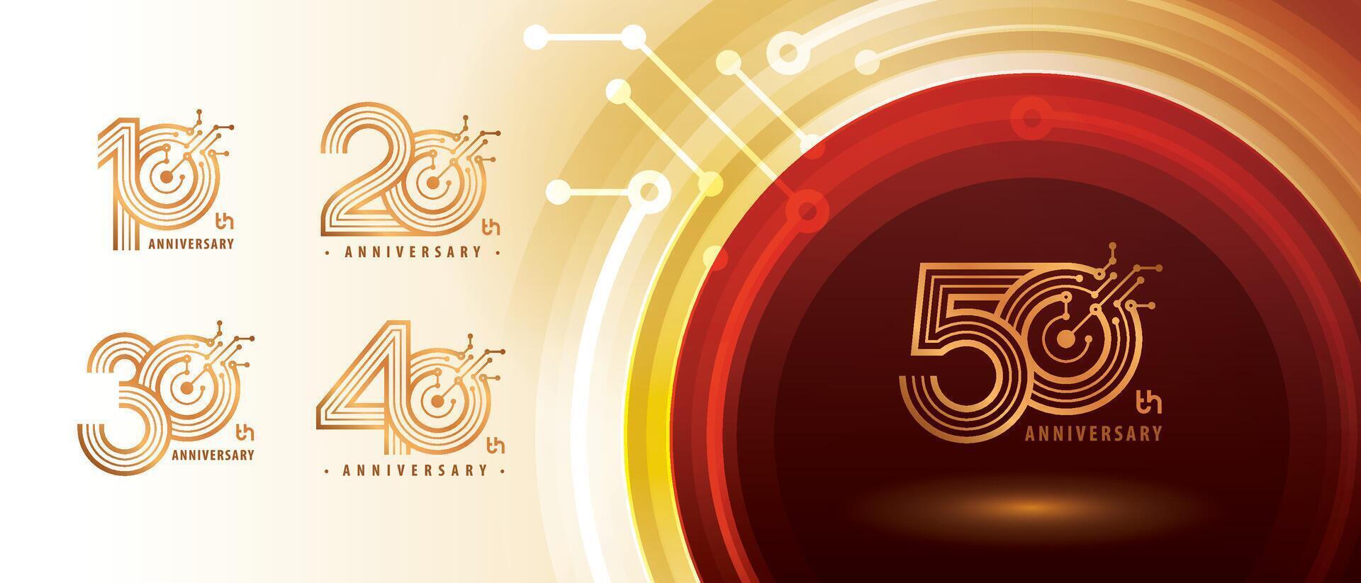 10, 20, 30, 40, 50 year Anniversary Logo, Ten to Fifty years Anniversary Logotype for Celebration, Abstract Connected Gold lines dots Circuit Board vector
