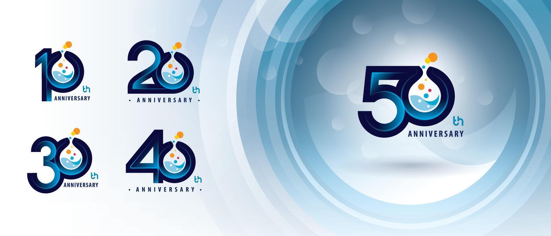 10, 20, 30, 40, 50 year Anniversary logo design, Ten to Fifty years Anniversary Logo for Celebration, Chemical Test tube Molecule structure particle vector