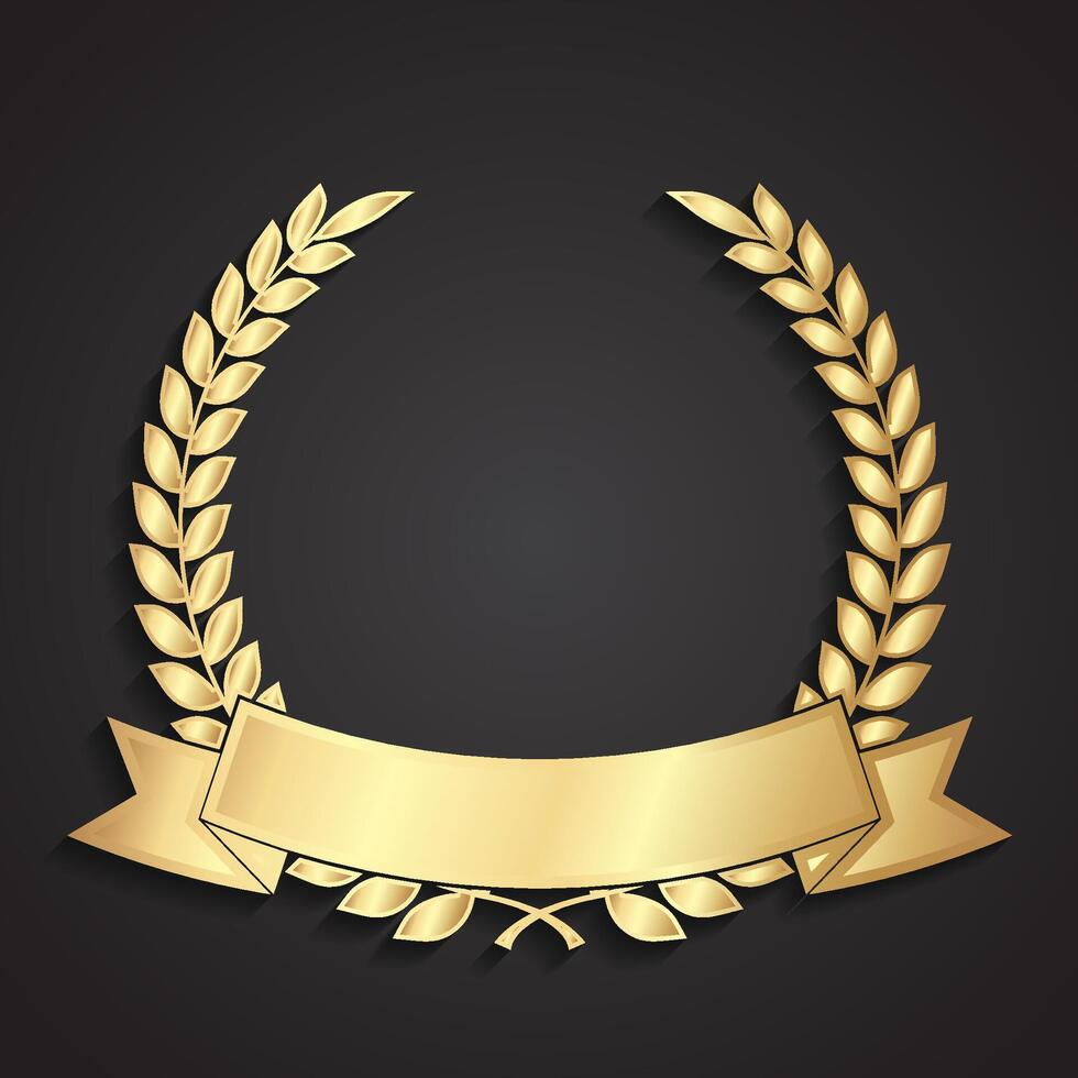 3d golden laurel wreath with ribbon label vector