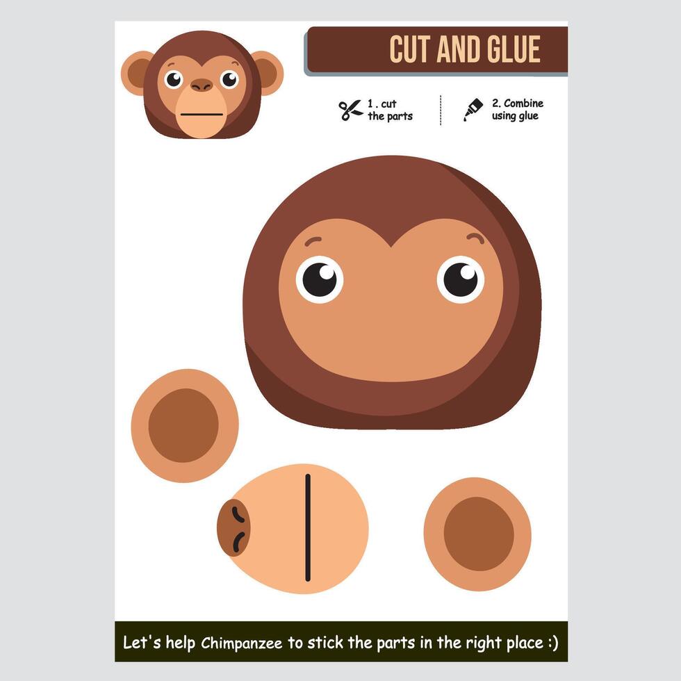 Cartoon illustration of a chimpanzee cutout and gluing activity for kids vector