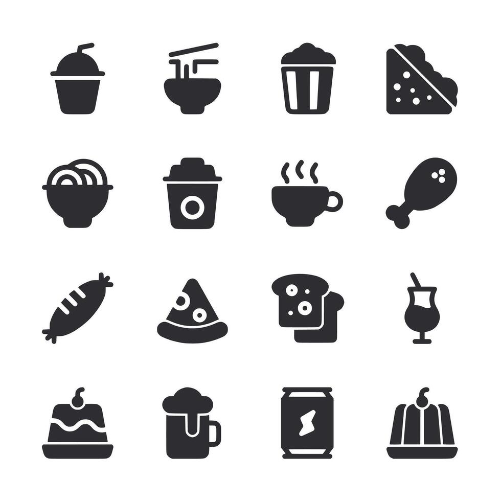 A collection of food icons, including pizza, sandwiches, and drinks vector