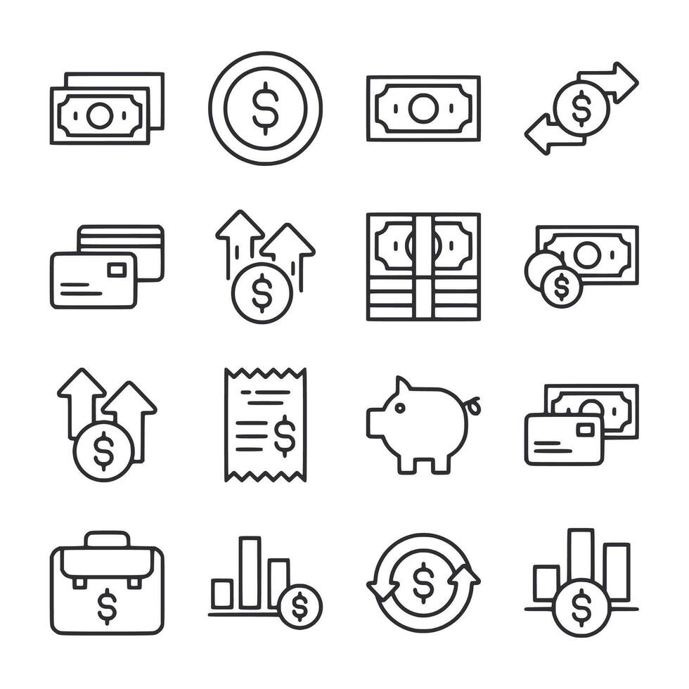 A set of money related icons including a piggy bank, a briefcase vector