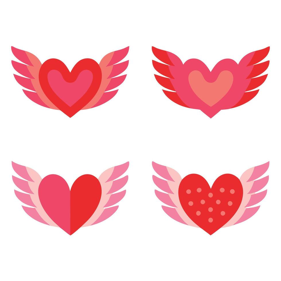 Set of simple color Valentine Heart symbol with wings icon vector