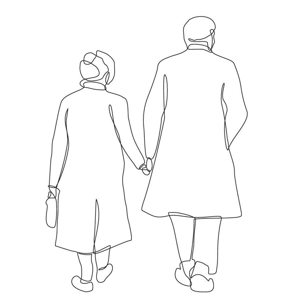 Old couple in continuous line art drawing style. Elderly couple. Senior man and woman walking together holding hand vector