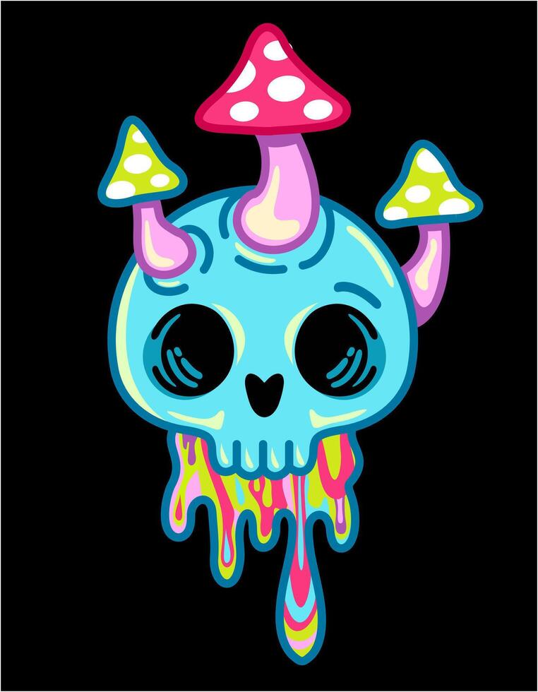 Mushroom skull head, skull with mushrooms on head. Psychedelic art. For logo, merchandise t-shirt, stickers and label designs, poster, greeting cards vector