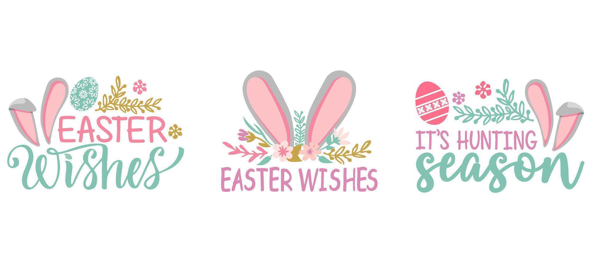 Easter phrases. Text greeting card templates with Easter eggs, bunny ears and spring flowers. Set of hand drawn lettering. Happy Easter lettering vector