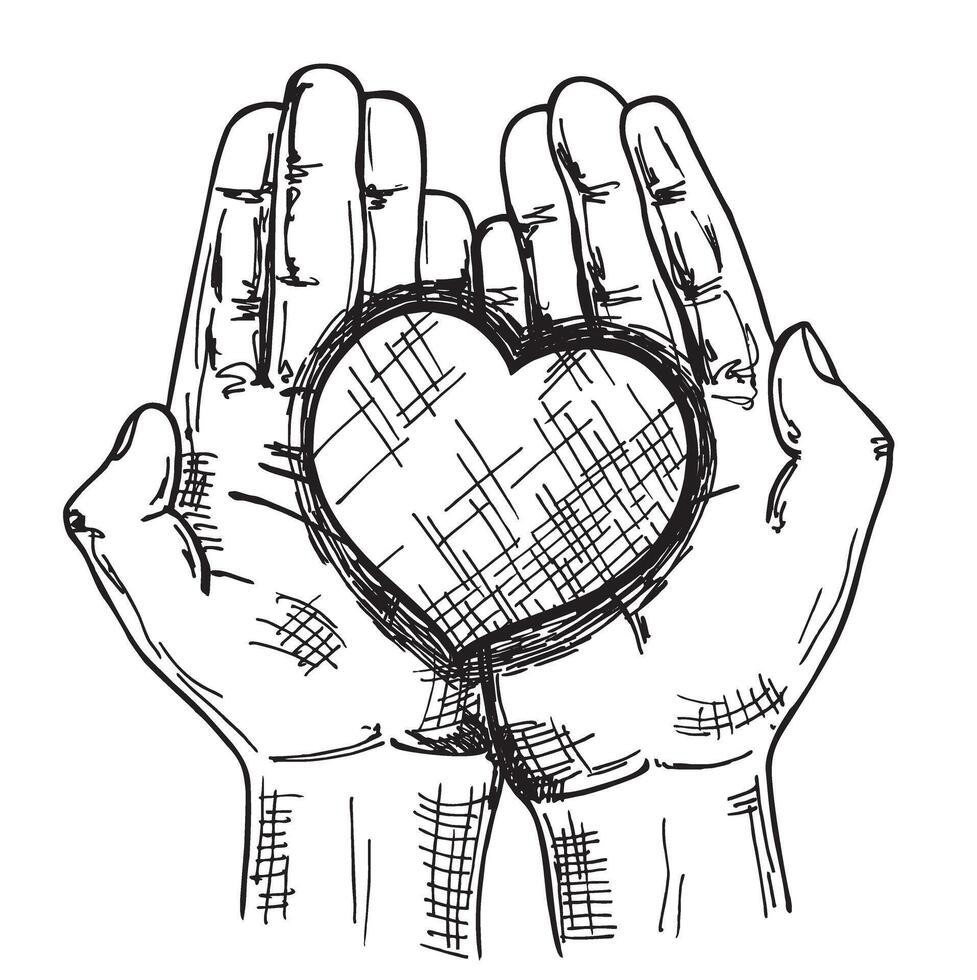 Heart in the palms of a man. Concept of love, charity, philanthropy and donation. sketch vector