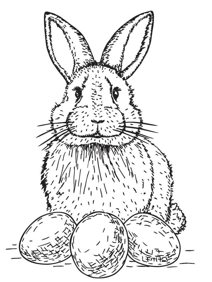 Easter Bunny. Cute white rabbit with easter eggs. Graphic image of a rabbit in sketch. Easter Holiday vector