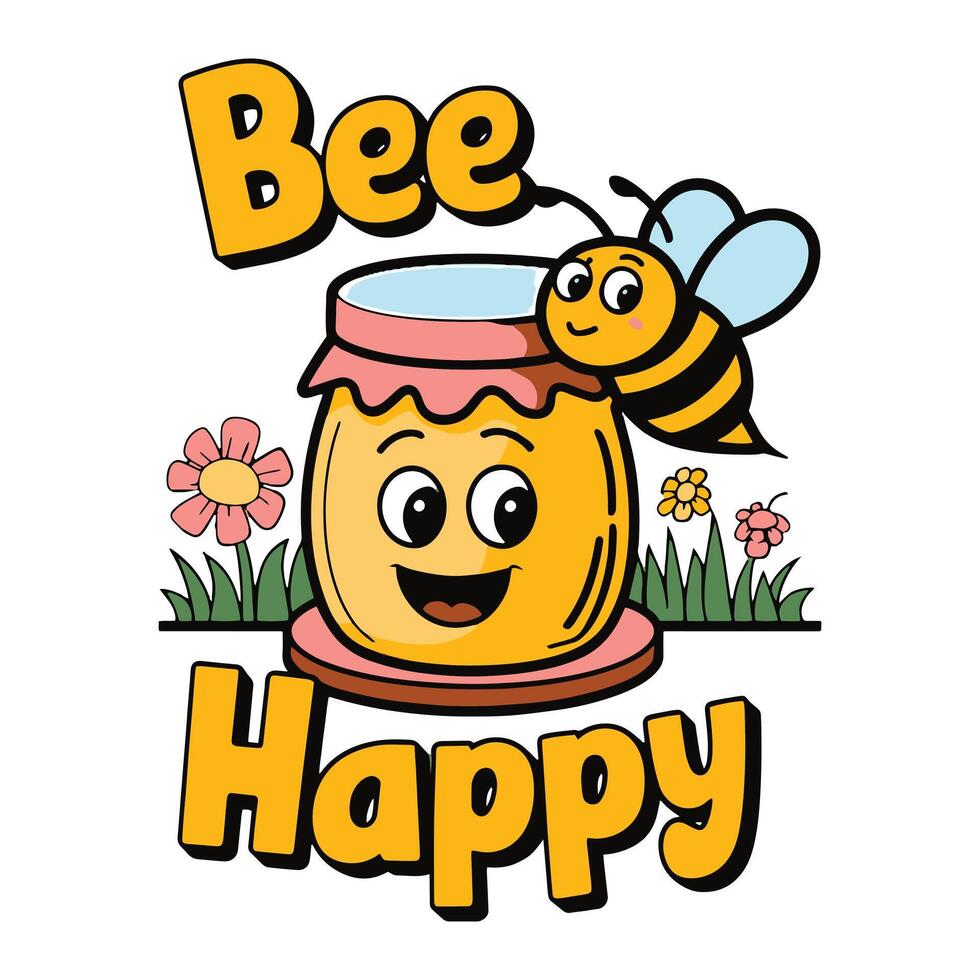 Bee Happy Smiling Honey Jar with Happy Bee T Shirt Design vector