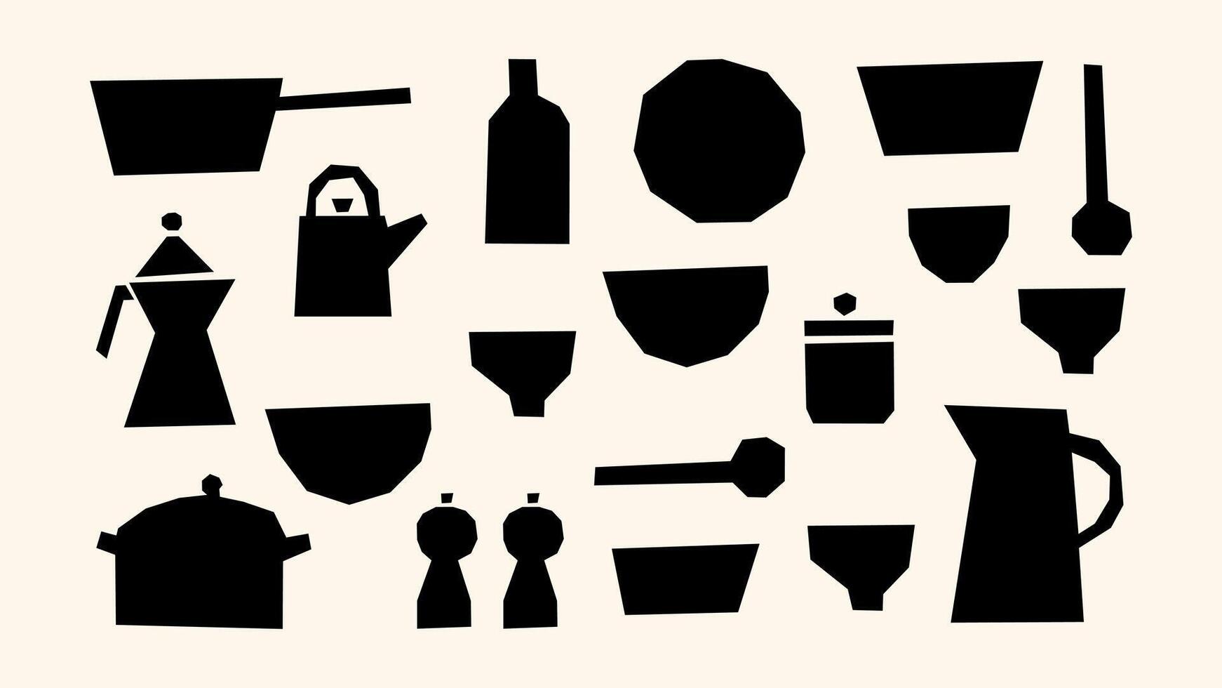 Kitchenware black stickers in flat and naive style. Crockery, cutlery, kitchen equipment for cooking. Bright set of cooking elements. Pan, spoon, fork, frying pan. set vector