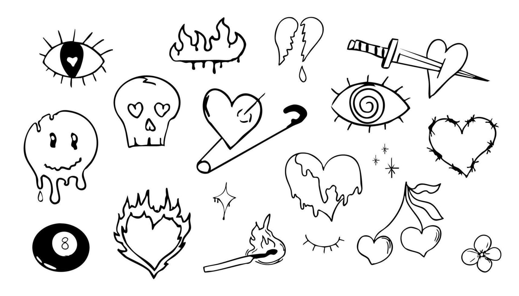 Psychedelic doodle heart barbed wire, with fire nd eye, graffiti groovy set. Retro tattoo grunge lucky ball, disko ball. Street sketch skull and fire vintage aesthetic. vector