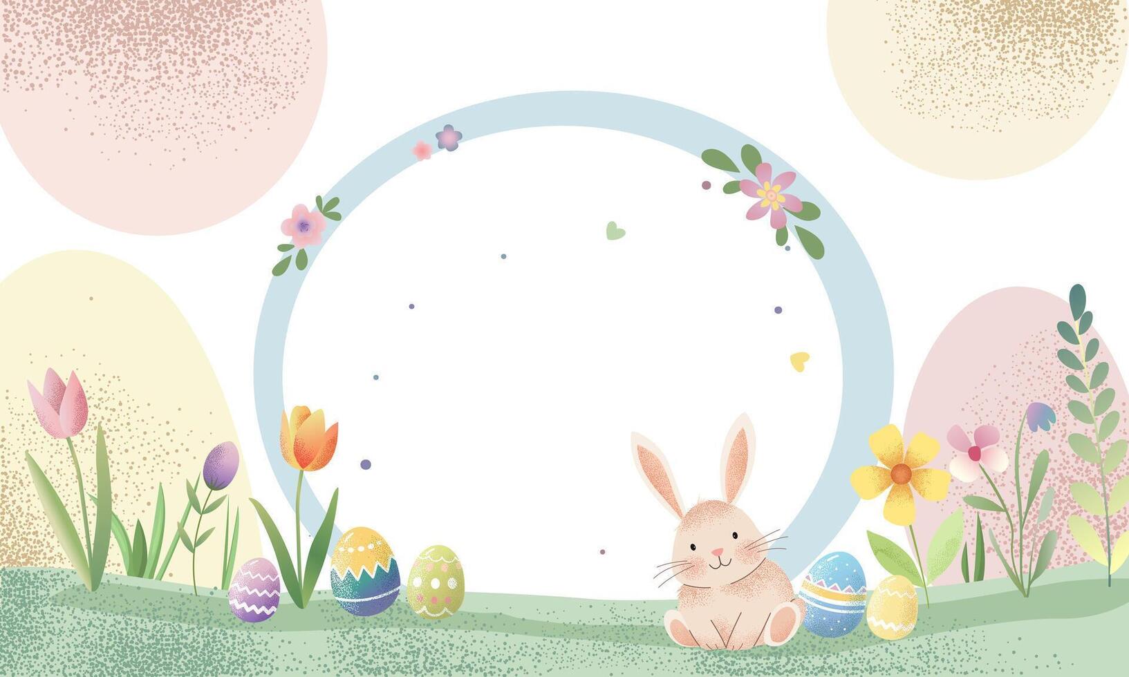 Easter background with eggs, bunny, tulips. Springtime template. Spring greeting card with place for text. vector