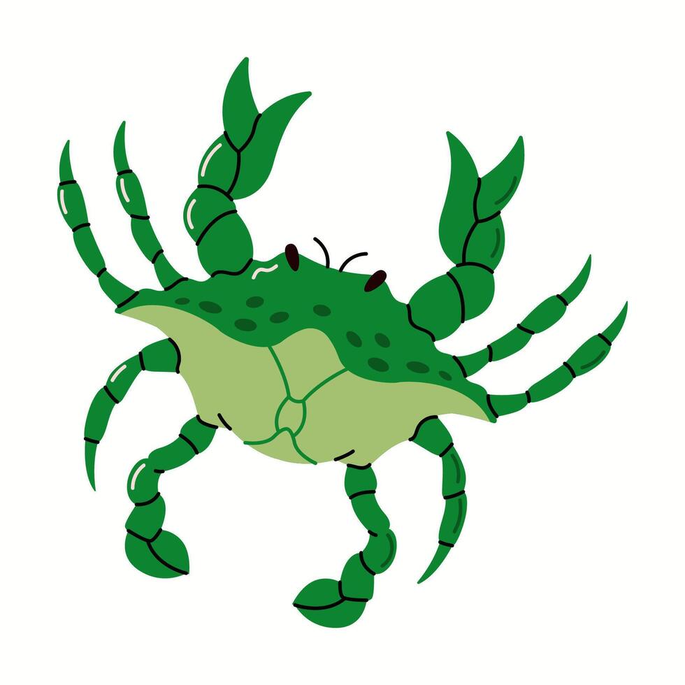 Green crab with massive claws flat color character. Cartoon crab decorates walls of seafood market illustration on white background vector
