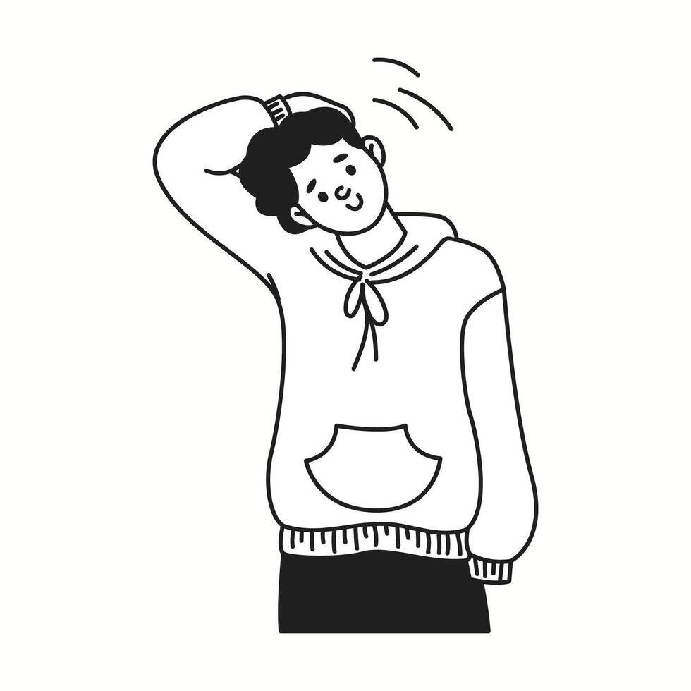 Young man performs neck stretching exercise linear icon. Guy in hoodie improves flexibility doodle character doodle thin line illustration vector