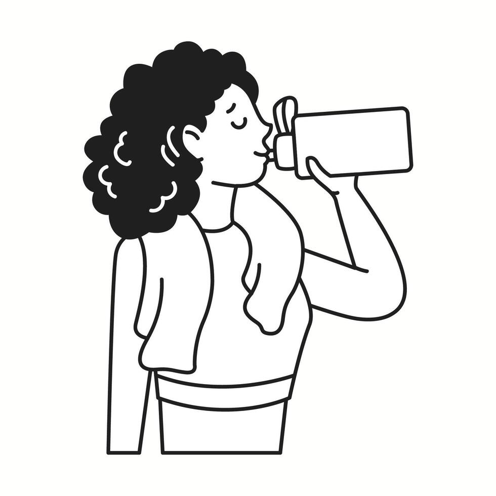 Woman drinks water from bottle after training linear icon. Lady athlete maintains hydration balance doodle character doodle thin line illustration vector
