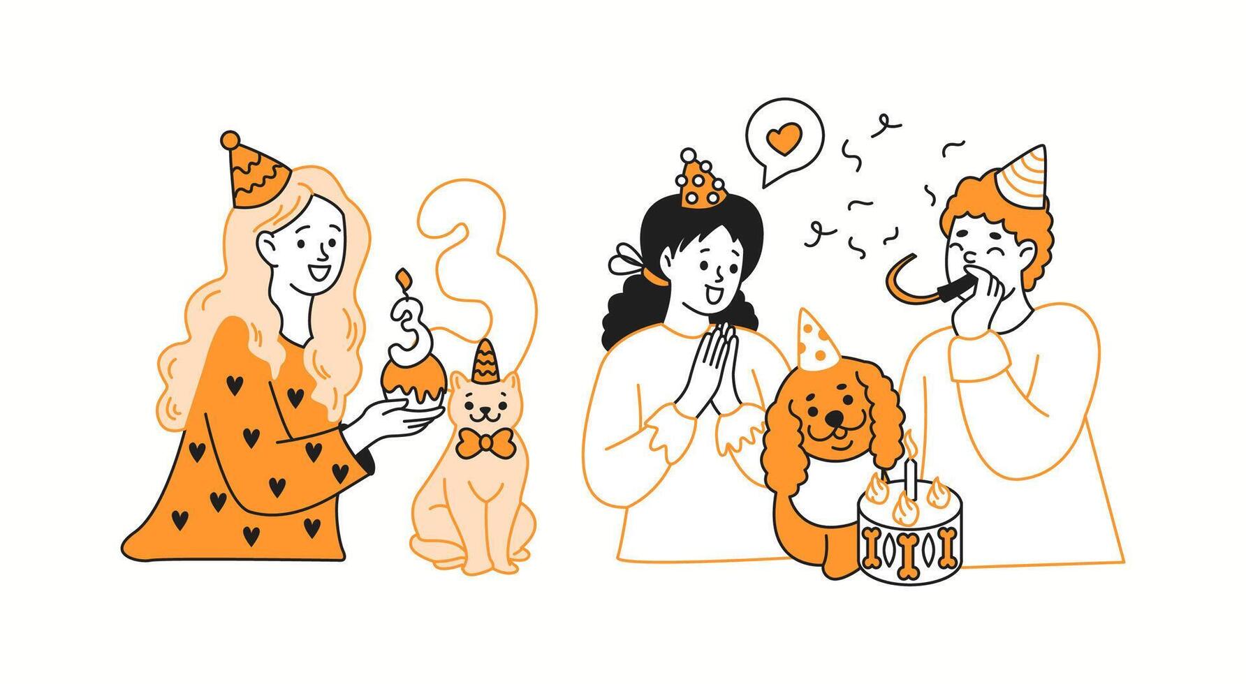 Pet owners celebrating animals birthday orange color linear icons collection. Showing love to cat and dog doodle characters on white background vector