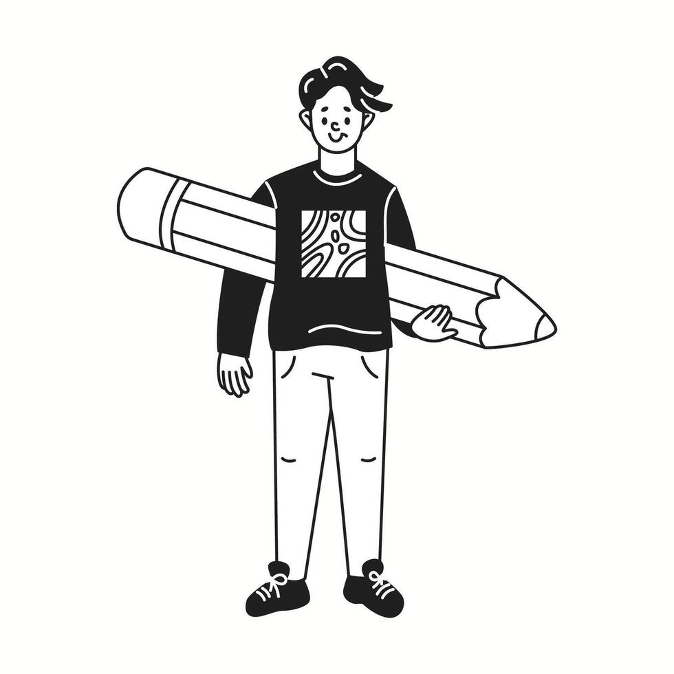 Man stands proudly with oversized pencil linear icon. Male designer prepares to draft unique design doodle character doodle thin line illustration vector