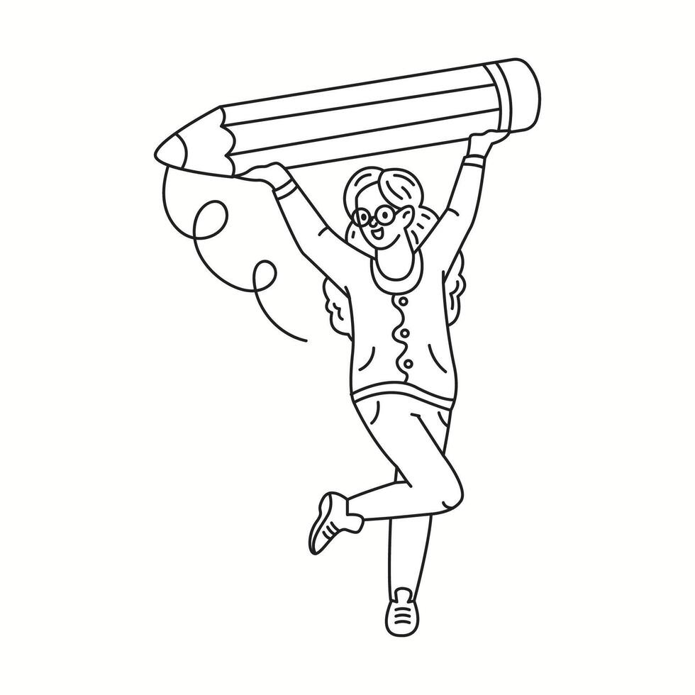 Lady designer jumps with joy holding giant pencil linear icon. Cheerful artist draws whimsical spiral line doodle character doodle thin line illustration vector