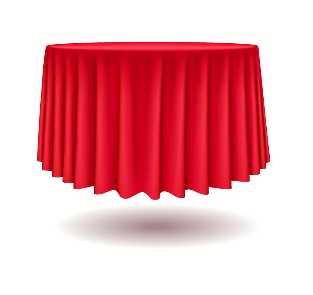 Round table with red tablecloth realistic illustration. Ceremonial dining event celebrations podium 3d object on white background vector