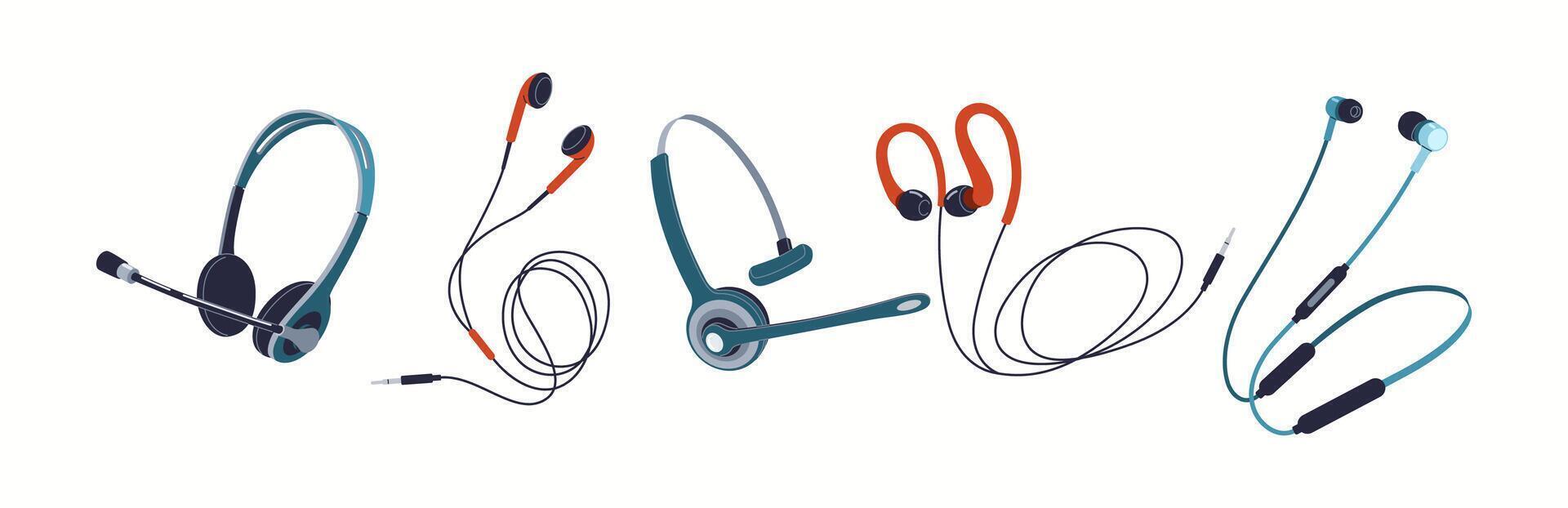 Stylish headphones and earphones flat color icon set. Devices ideal for entertainment and gaming purposes objects pack on white background vector