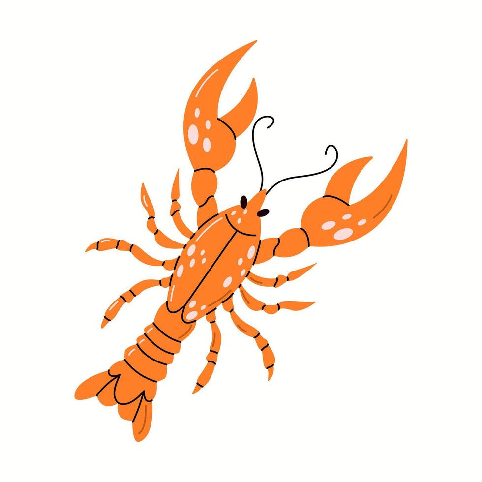 Orange lobster with big claws and white spots flat color character. Appealing icon for culinary websites illustration on white background vector