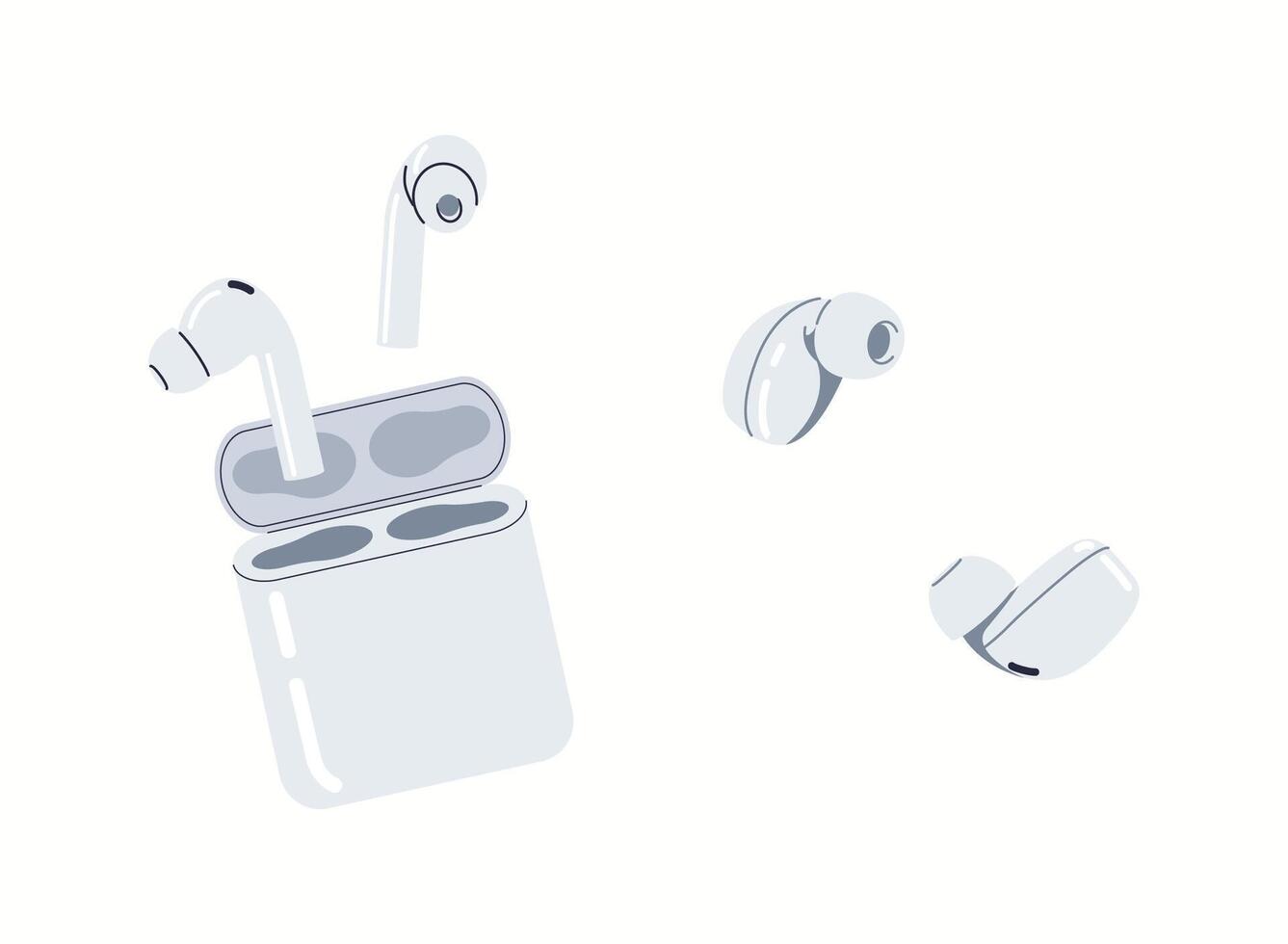 Earbuds with charging case flat color icon set. Modern portable audio technology for music lovers objects pack on white background vector