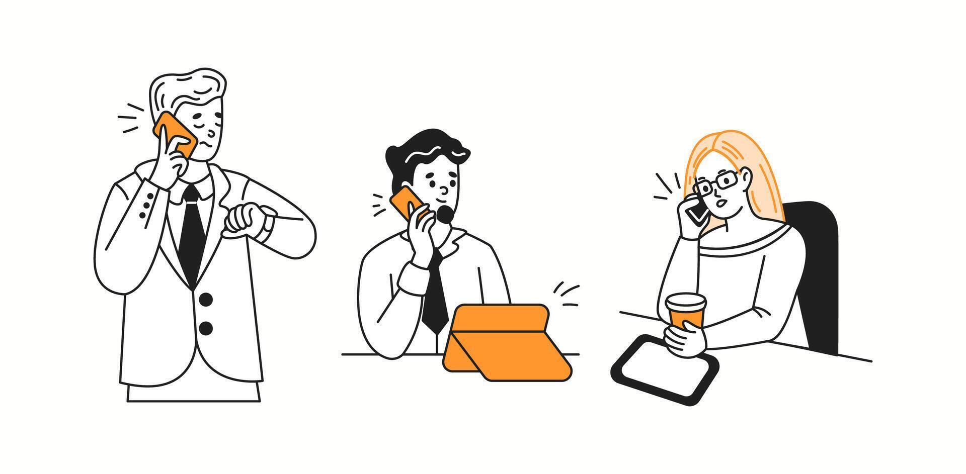 Office workers talk on phones solving work tasks color linear icons collection. Businesspeople use modern devices doodle characters on white vector
