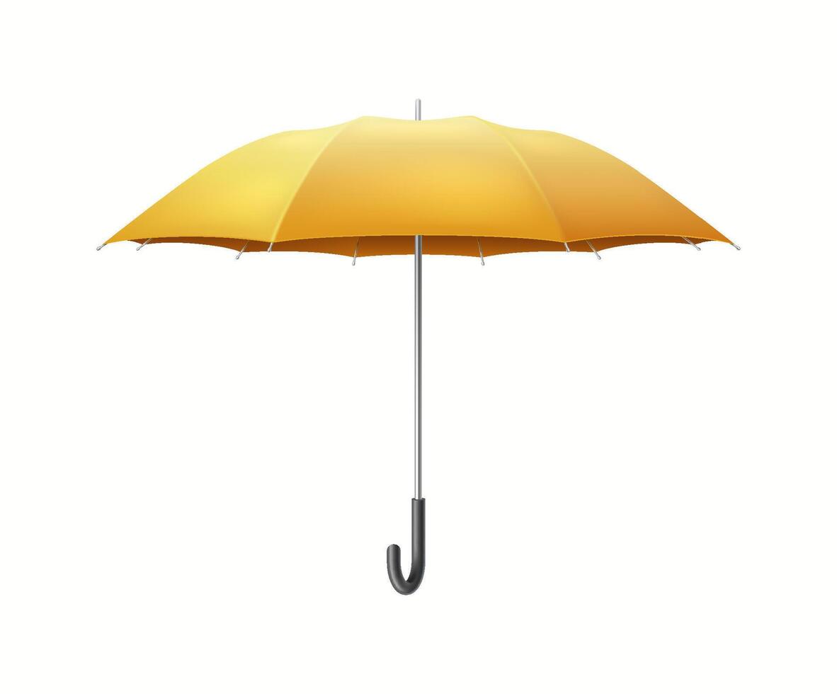 Golden umbrella-cane offering protection realistic illustration. Open yellow parasol for insurance 3d object on white background vector