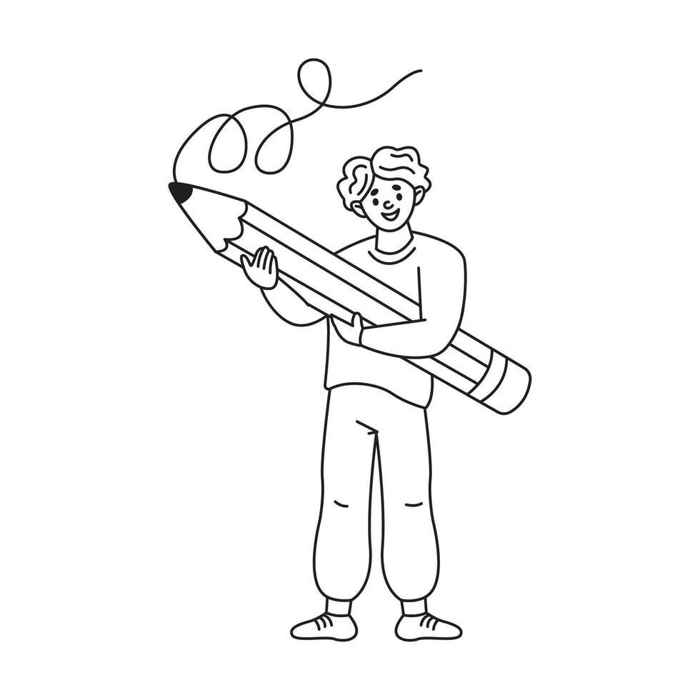 Smiling man holding giant pencil linear icon. Artist drawing whimsical spiral line with tool doodle character doodle thin line illustration vector