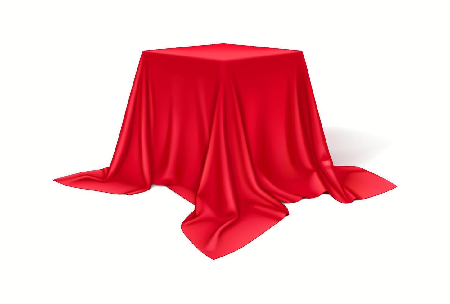 Elegant red silk fabric draping over cube realistic illustration. Hiding surprise box under crimson cloth 3d object on white background vector