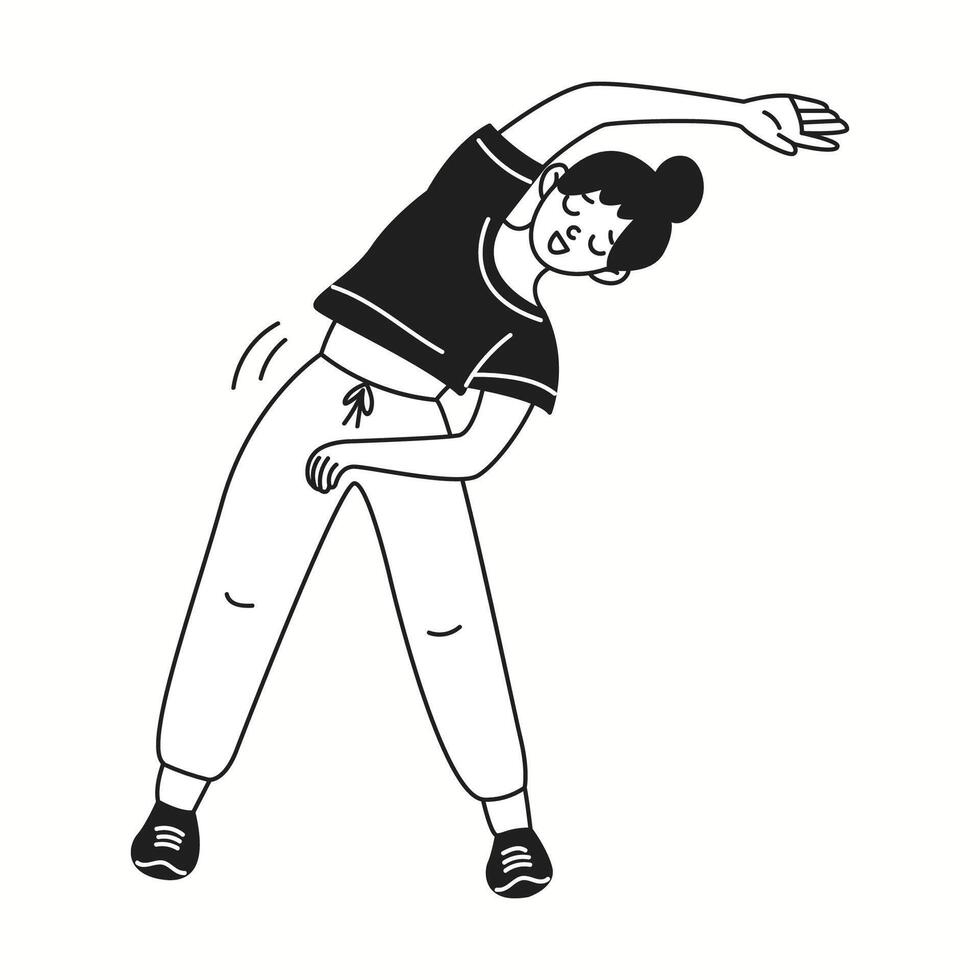 Woman in sportswear performs bending sideways linear icon. Lady promotes healthy lifestyle doodle character doodle thin line illustration vector