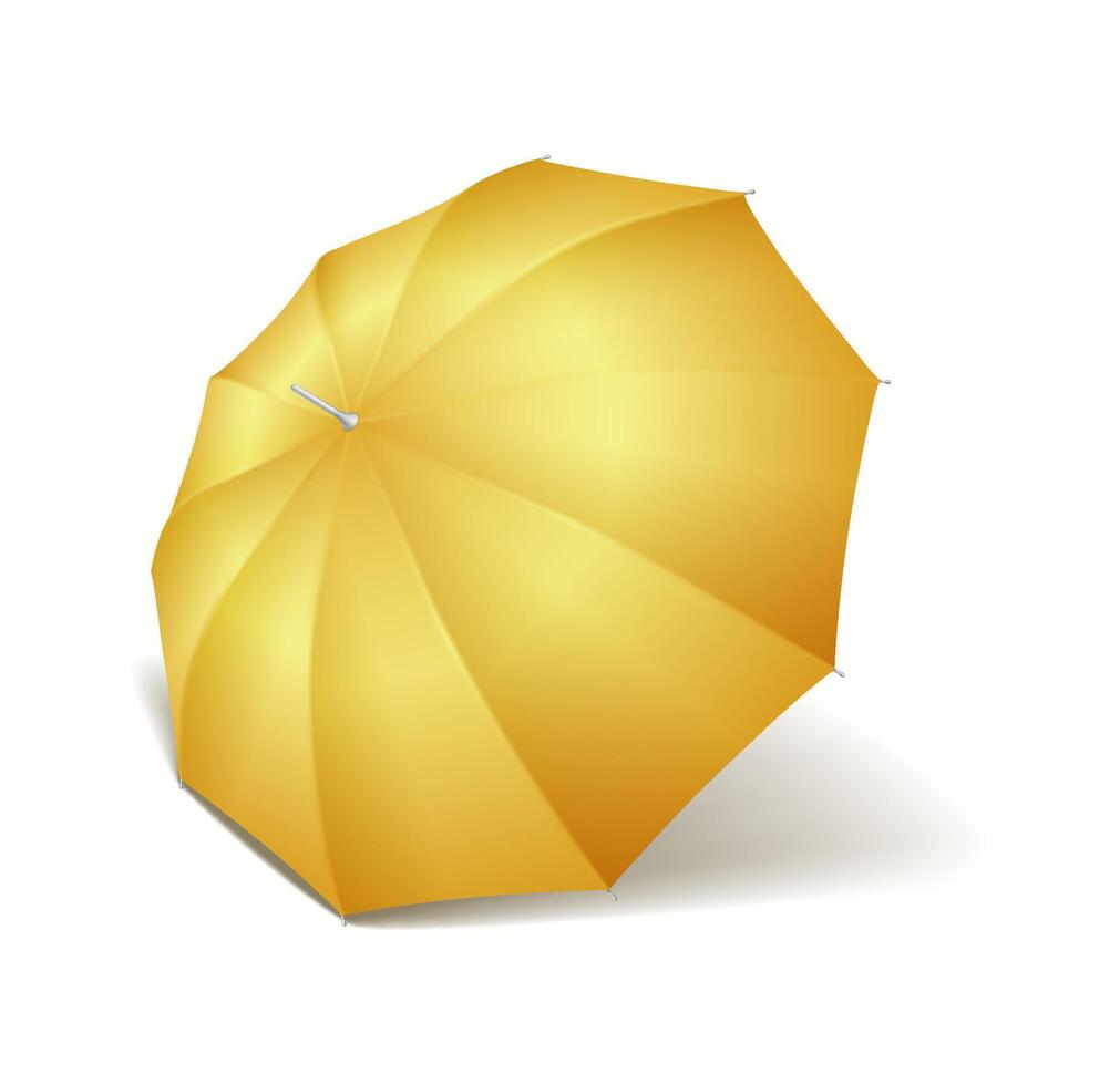 Classic yellow cane umbrella casting soft shadow realistic illustration. Bright cover from rain and sunshine 3d object on white background vector