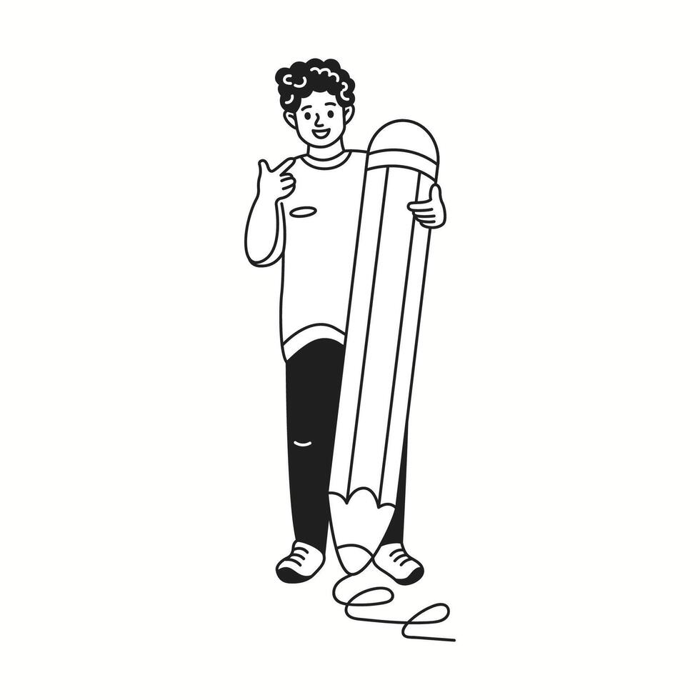Student holds big pencil and shows thumbs-up gesture linear icon. Man demonstrates excitement for learning doodle character doodle thin line illustration vector
