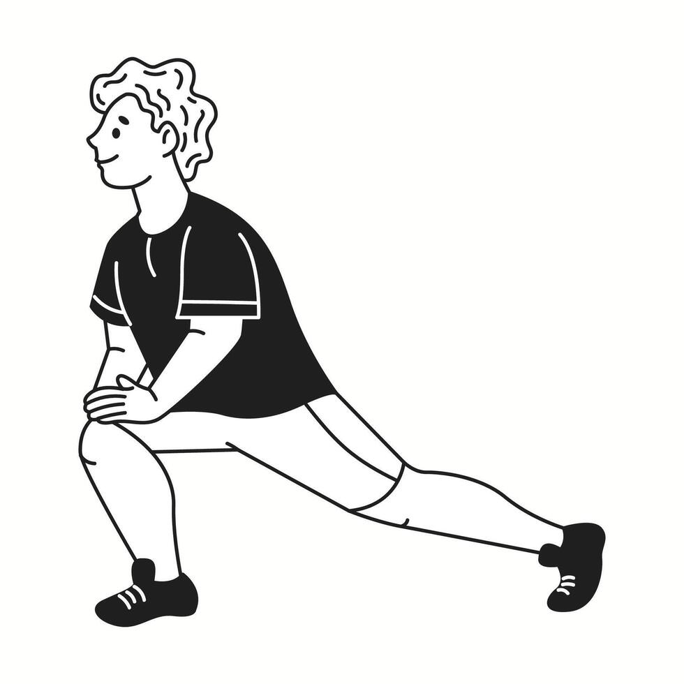 Young sportsman in shorts stretches legs linear icon. Smiling man performs fitness exercise doodle character doodle thin line illustration vector