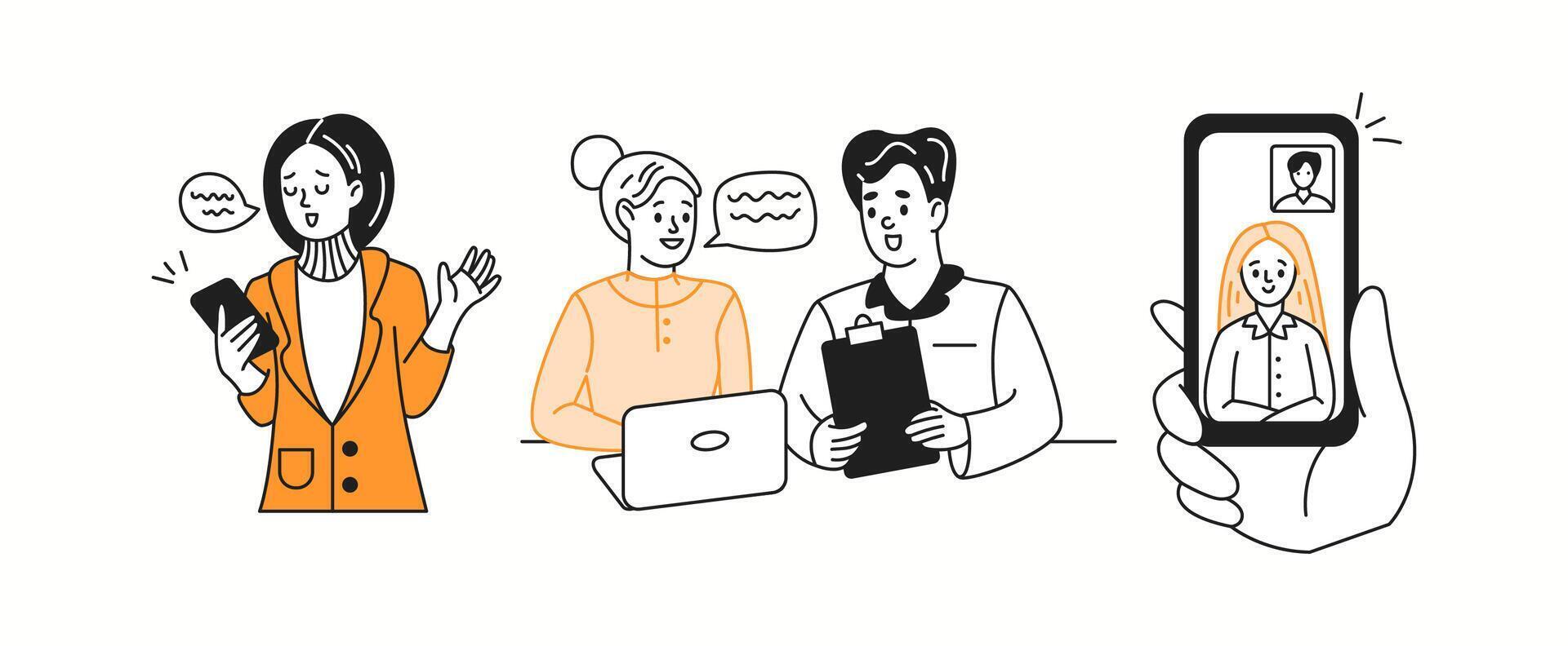 Office workers engaging in technology driven communication color linear icons collection. Boosting productivity doodle characters on white vector