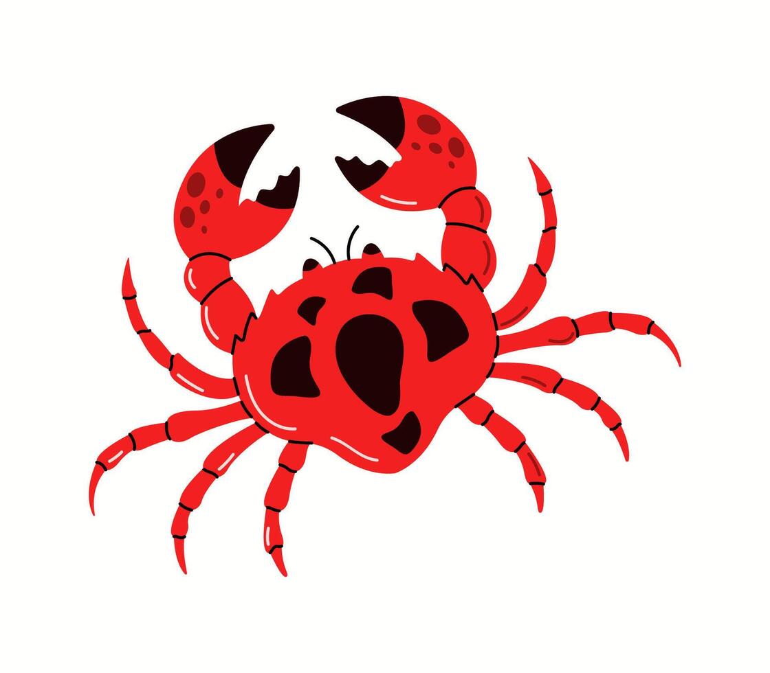 Red crab with big claws flat color character. Sea underwater habitat and seafood restaurant menu illustration on white background vector