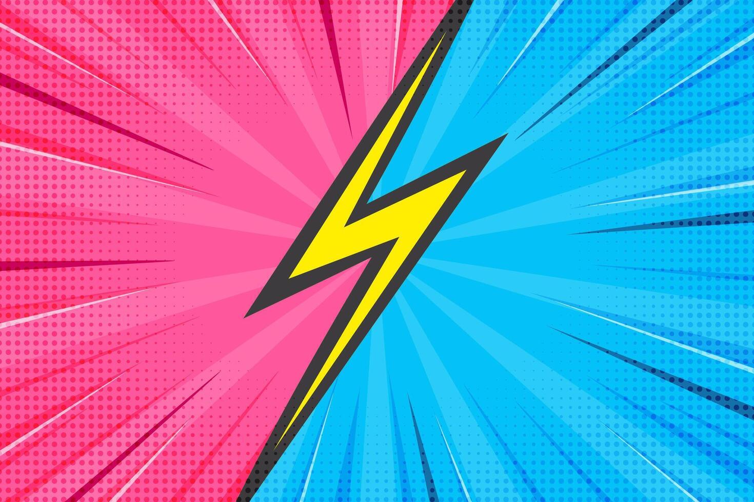 Comic book superhero background with blast. Pop art retro frame with boom effect. Pink and blue vs sunburst striped bright poster with halftone texture. vector