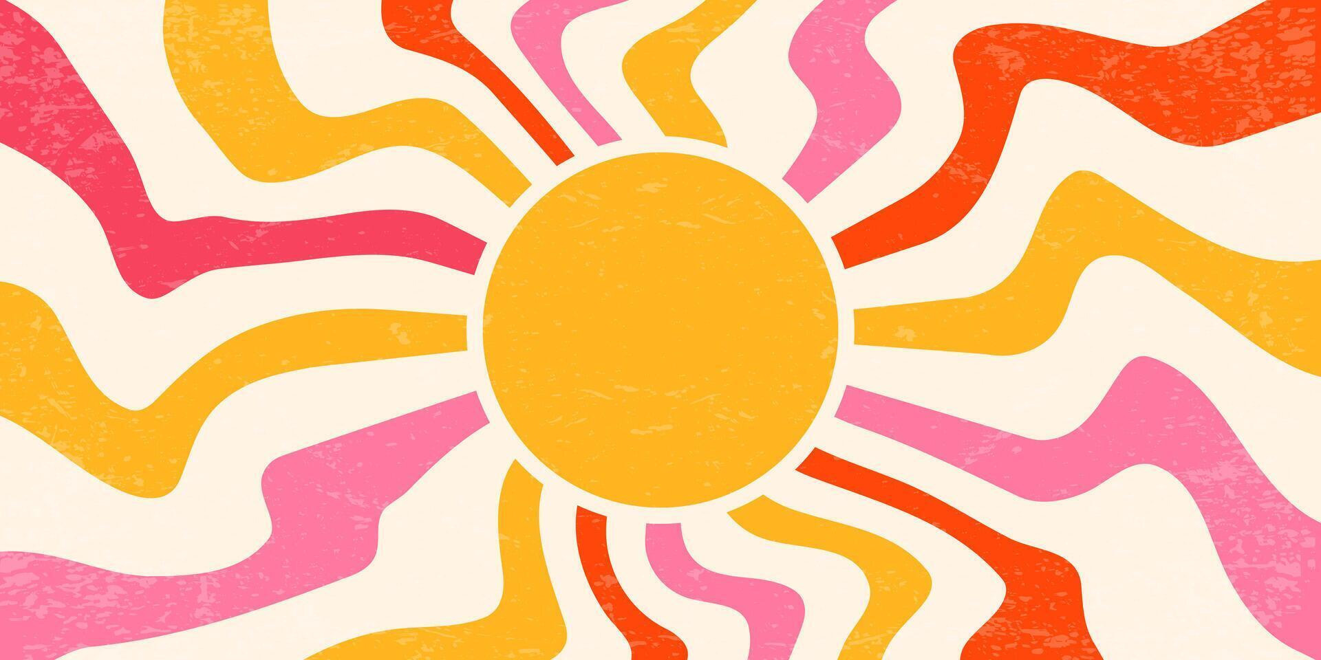 Retro background with sun and spiral rays. 70s swirl abstract sunburst summer poster with grainy texture. Psychedelic radial orange and pink stripes. Wallpaper vector