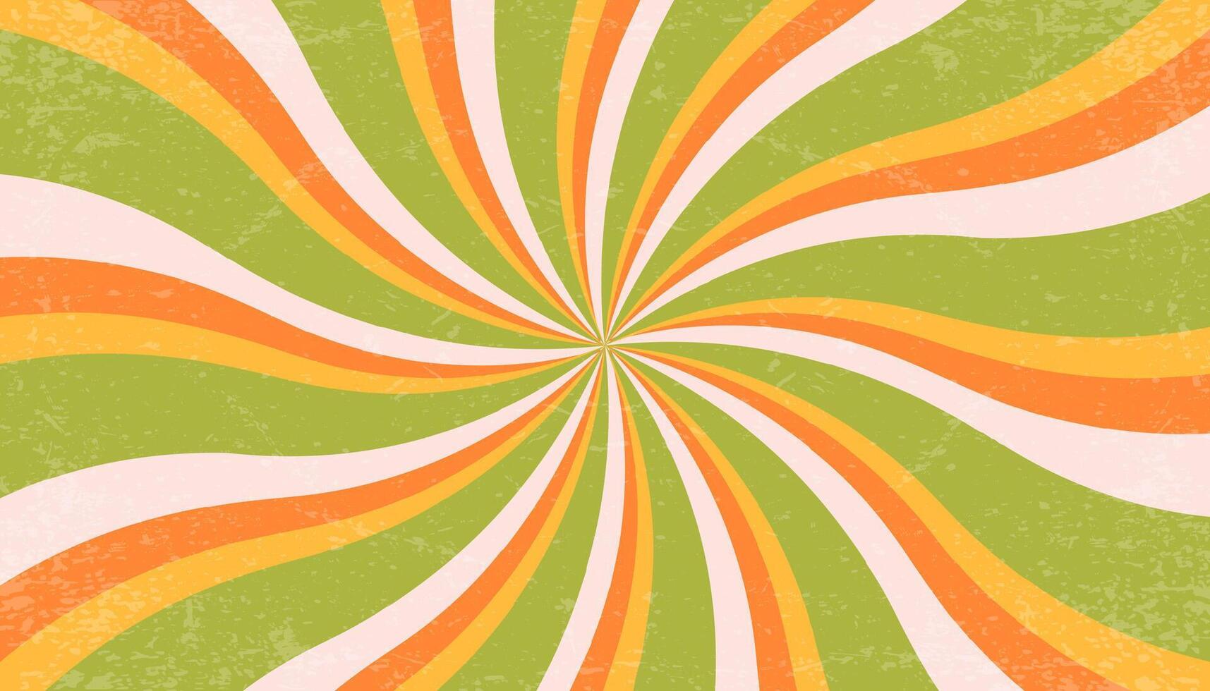 Spiral retro background with psychedelic swirl pattern. groovy sun rays with vintage texture. Abstract twirl 70s green and orange bg with wavy stripes. Summer funky hypnotic poster. vector