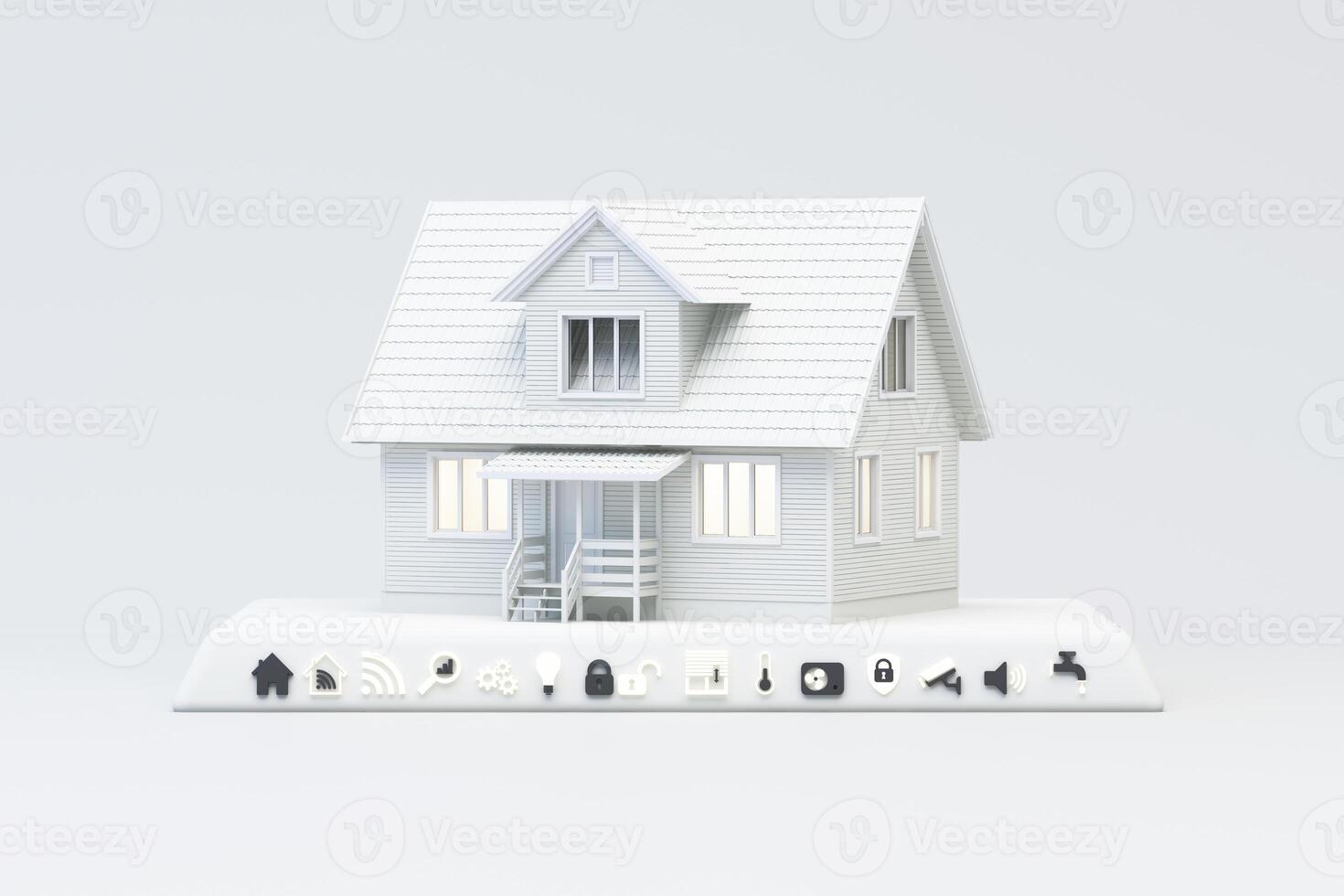 Smart home illustration featuring a house model with illuminated windows and a futuristic control interface. A row of glowing icons symbolizes advanced automation systems and connect. 3d rendering. photo