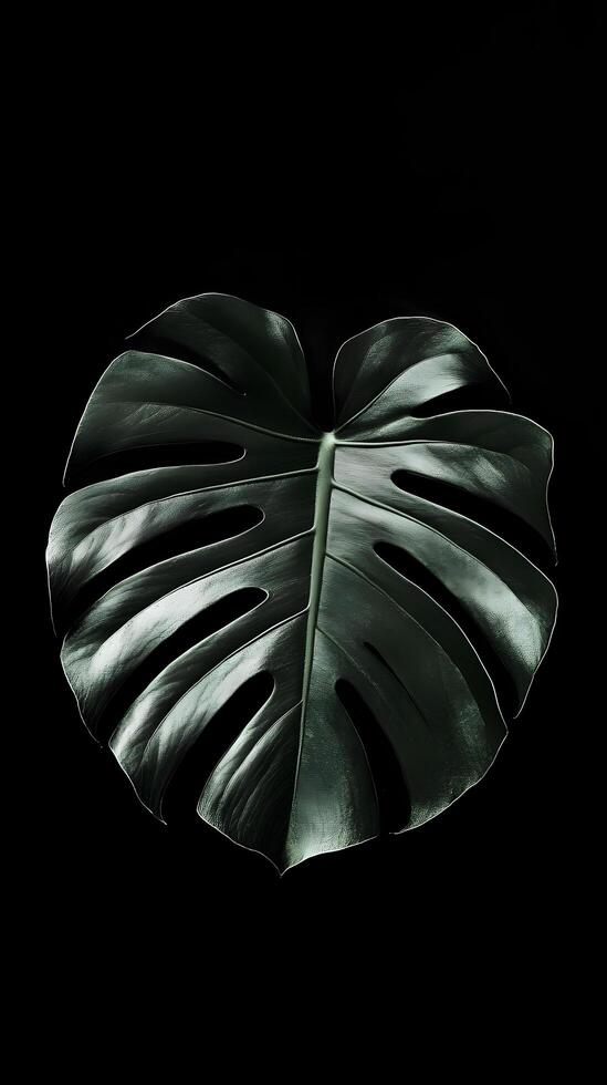 Dark Green Tropical Leaf on Black Background photo