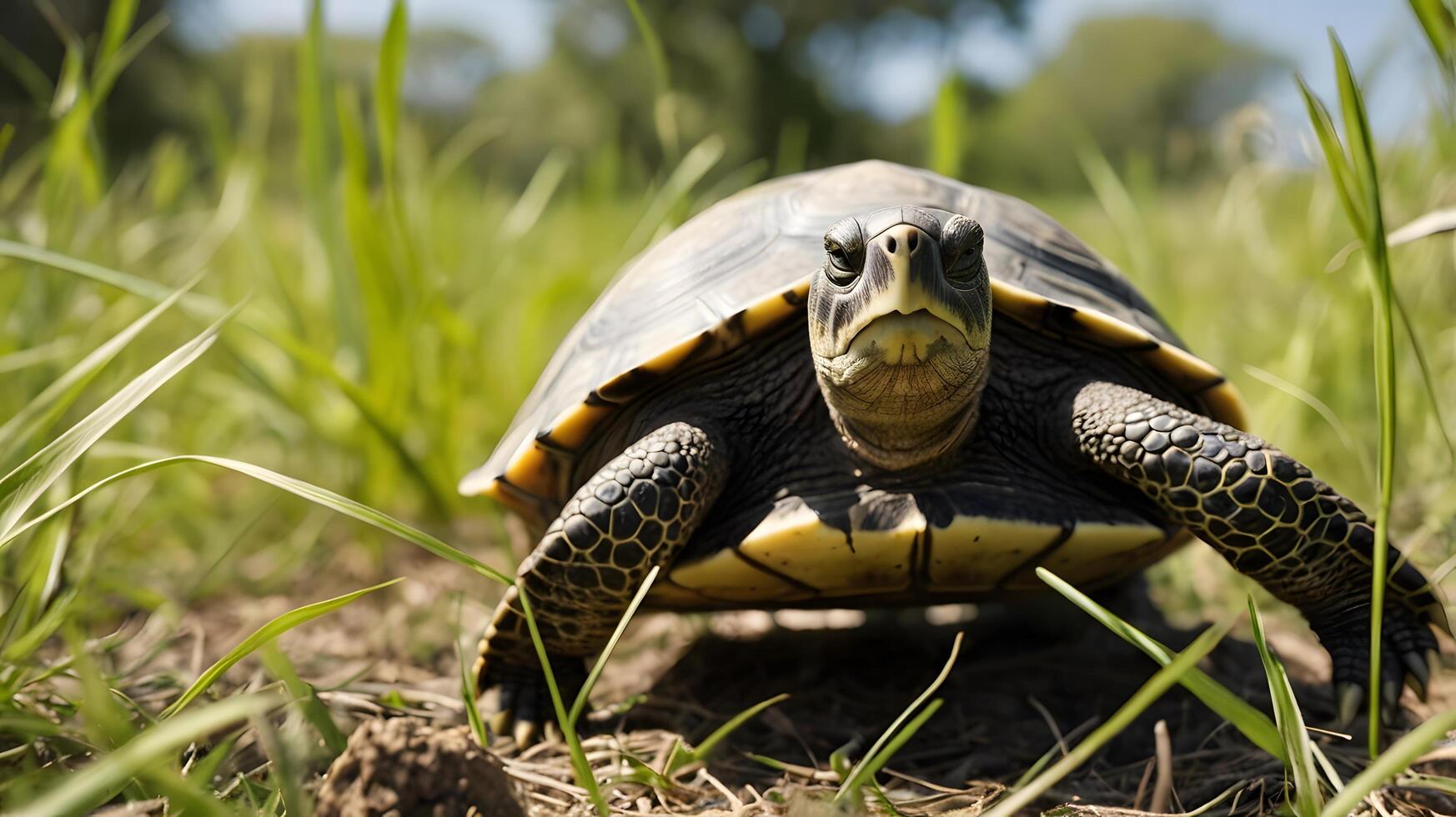 Turtle Walking on Grass in Natural Setting photo