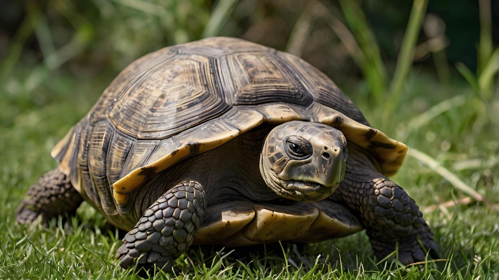 Close-Up of a Tortoise on Green Grass photo