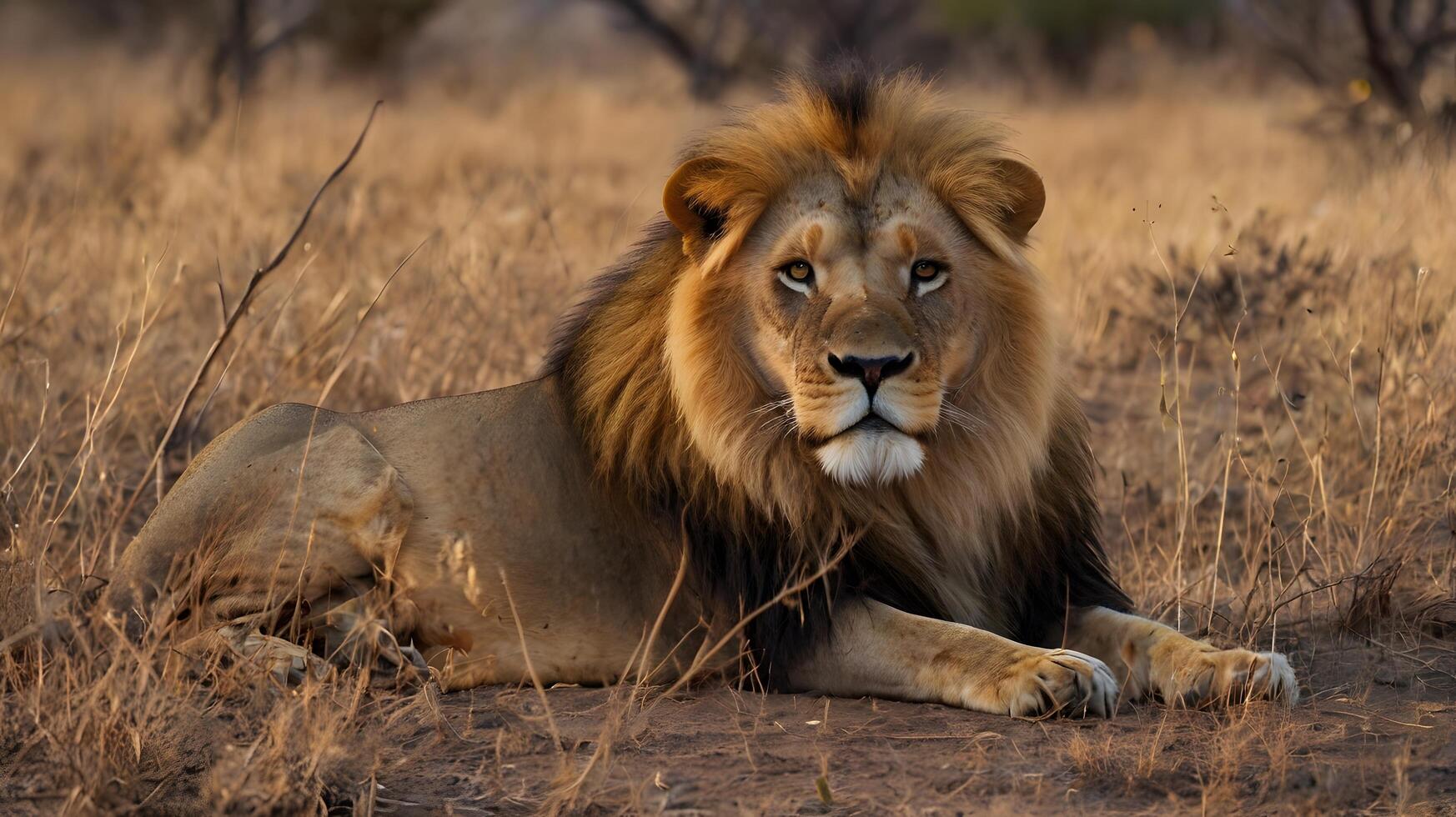 a lion is sitting in the middle of a field photo