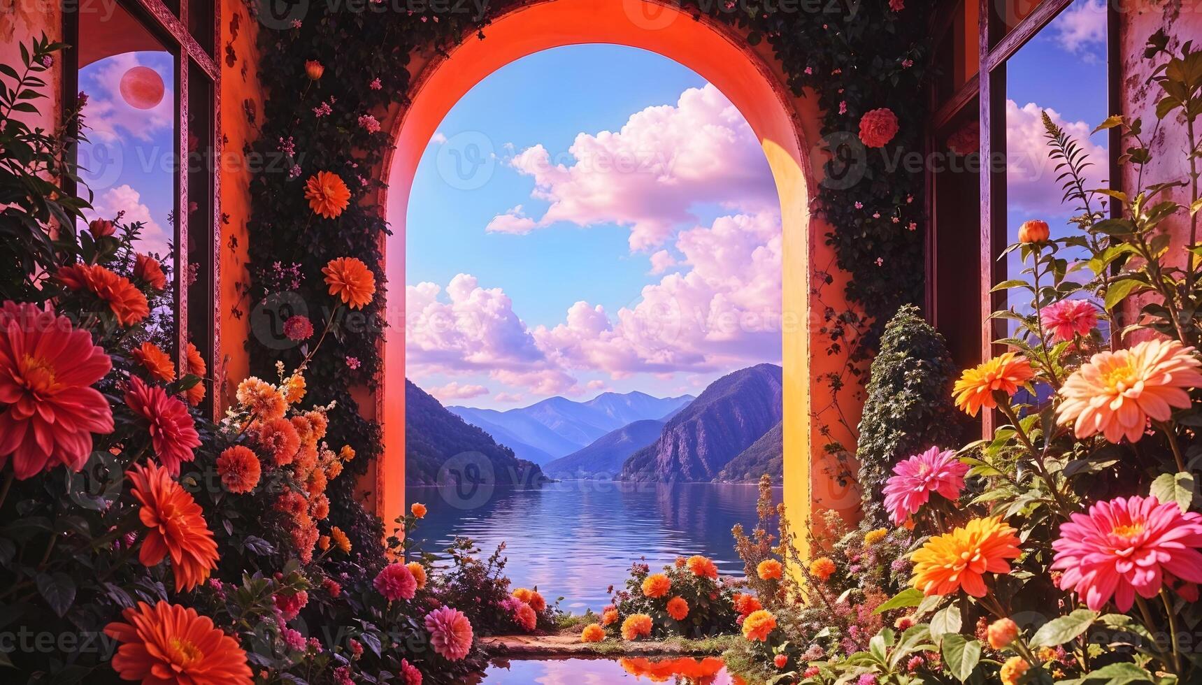 Portal vibrant floral arch frames a tranquil lake and mountains beneath a pastel sky. This composition blends nature, pop surrealism, and trendy aesthetics, evoking a dreamlike sense of harmony. High quality photo