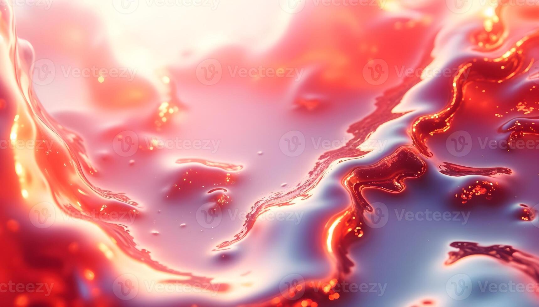 A glossy liquid surface shimmering with pink and red hues. Light sparkles reflect, evoking warmth and passion. The abstract pattern resembles the magical interplay of fire and water. High quality 3d illustration photo