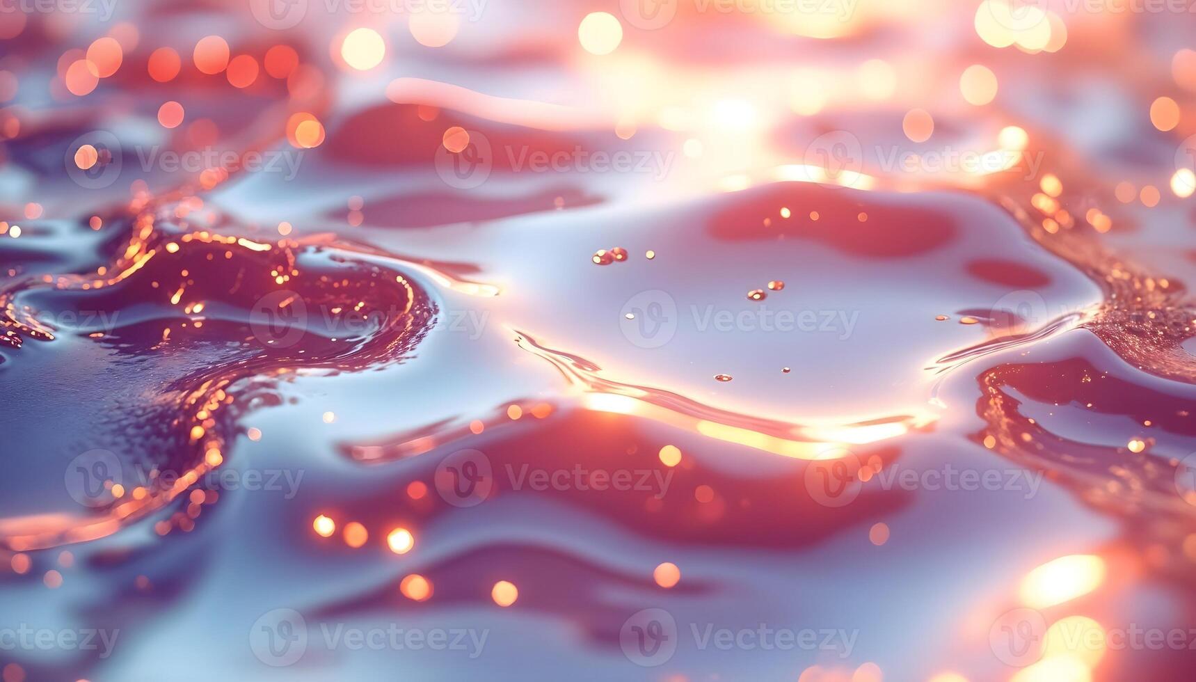 A glossy liquid surface shimmering with pink and red hues. Light sparkles reflect, evoking warmth and passion. The abstract pattern resembles the magical interplay of fire and water. High quality 3d illustration photo