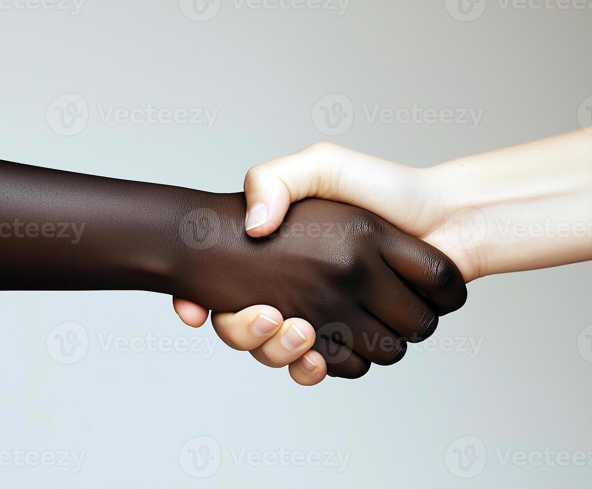 handshake close-up on white background, black and white man shaking hands, concept of teamwork, world without racism photo