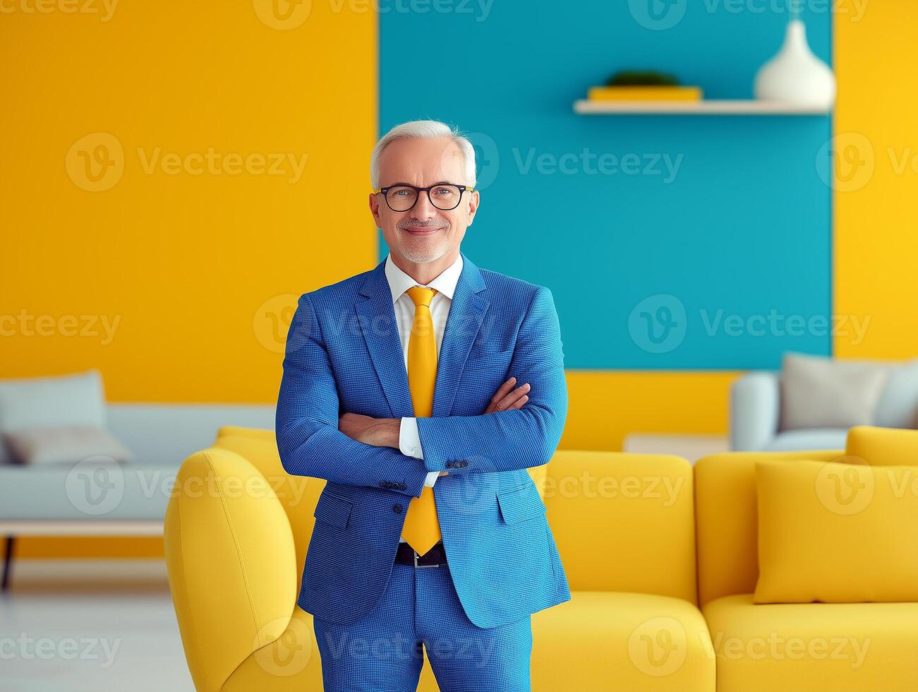 man in a bright suit in a bright interior in blue and yellow colors, extraordinary unusual bright style, designer furniture and bold solutions photo